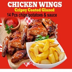 24. CHICKEN WINGS - CRIPSY COATED GLAZED -14 pcs (Inclusive of Full Chips/Potatoes)